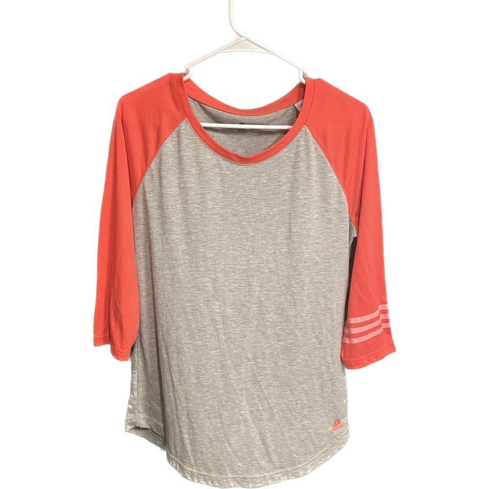 Adidas Womens Climalite Colorblock Logo Crew 3/4 Sleeve Pullover Tee Gray Pink M